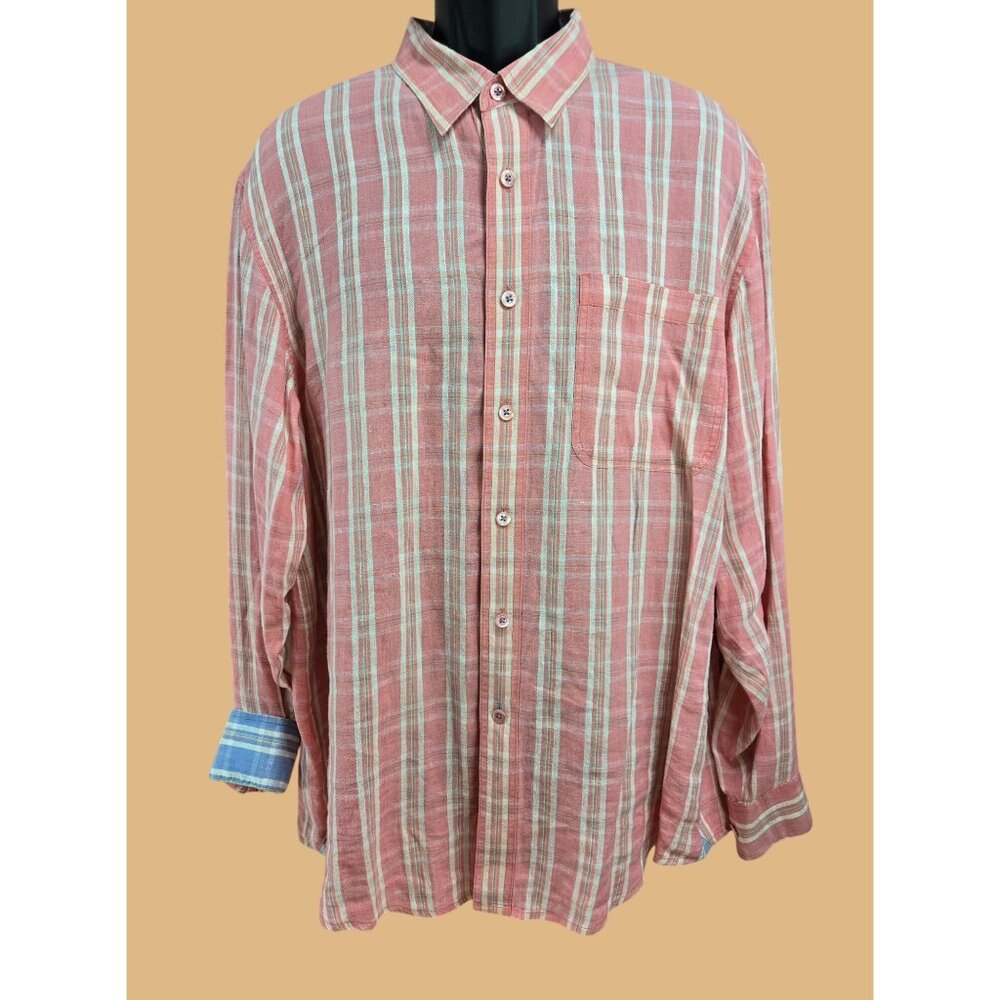 Indigo Palms 100% Linen Button-Up Shirt XL Pink Plaid Long Sleeve